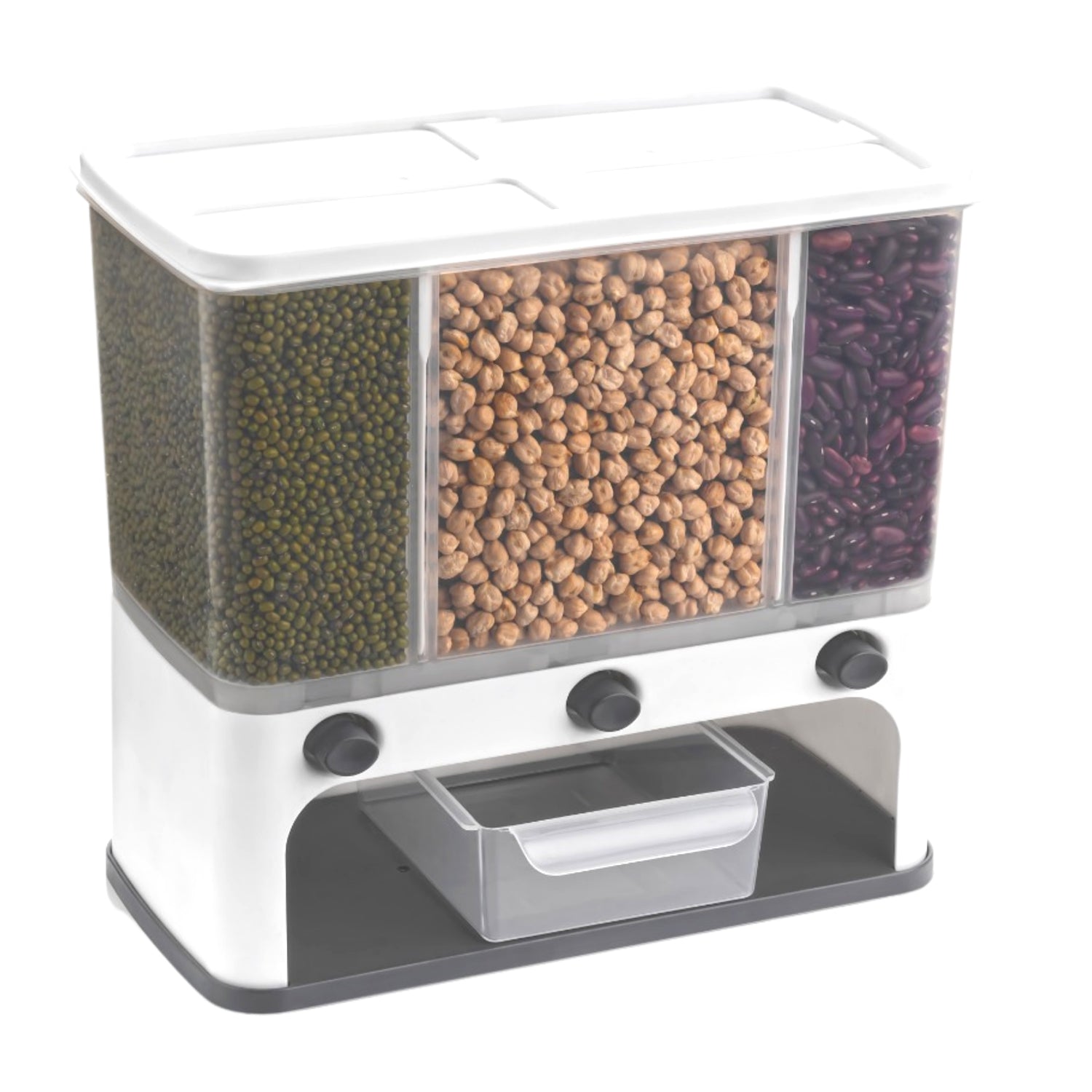 Cereal dispenser with push button and wall mount feature Cereal dispenser with push button and wall mount feature